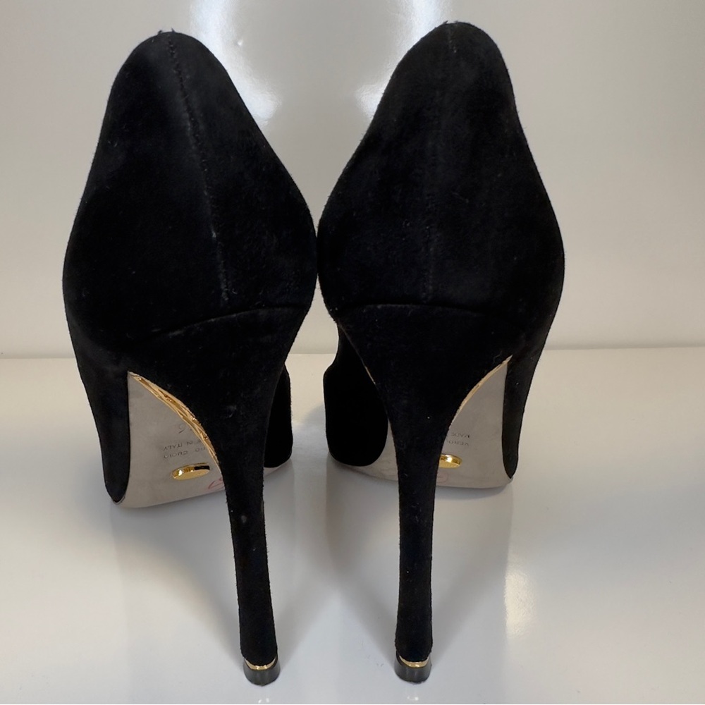 New! SERGIO ROSSI BLACK SUEDE WITH NET GOLDEN DETAIL HEELS SIZE 36 - Picture 11 of 12